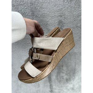 Skechers Women's Size 7 Beige Linen Luxe Foam Summer Wedge Cork Sandals Shoes